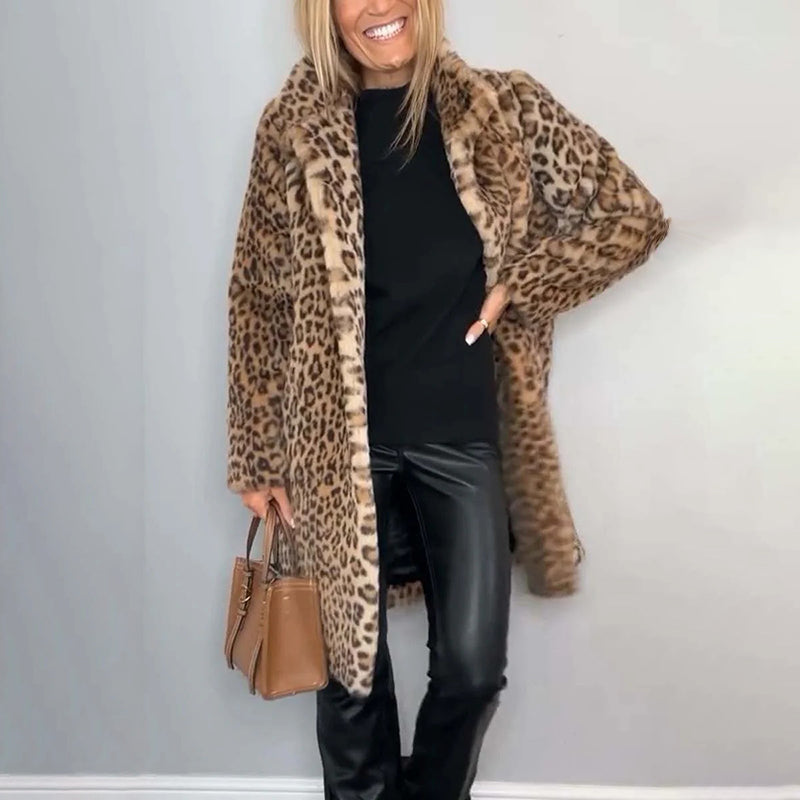 Women's Leopard Print Plush Jacket, Cozy Loose-Fit Warm Coat Elegant Medium-Length Fall Winter Outwear See size chart under “more details”