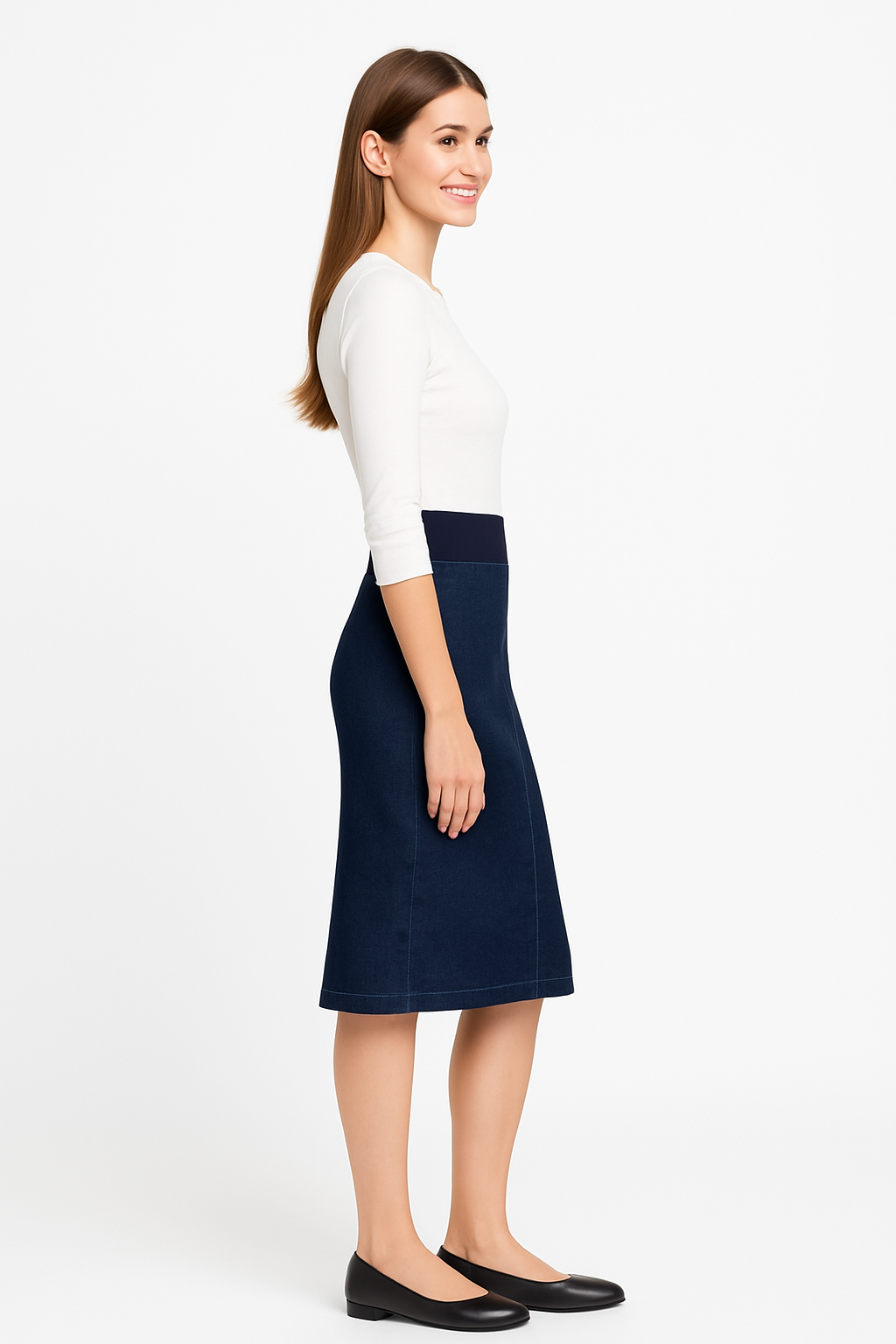 Denim Midi Skirt with Stretch Waistband