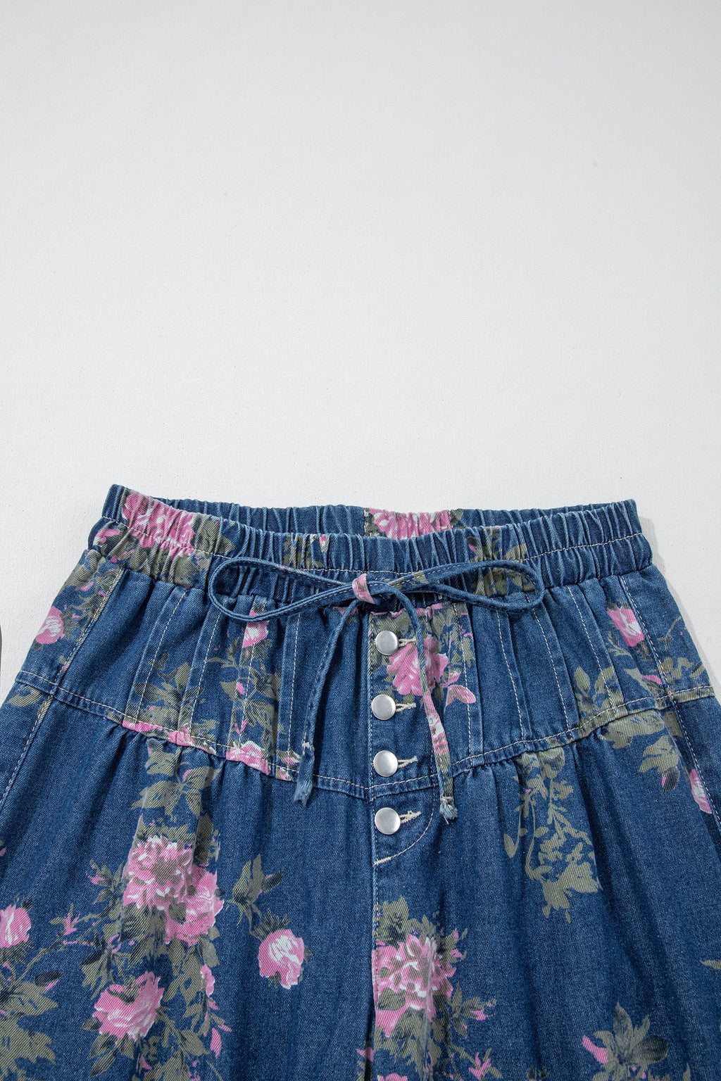 Floral Denim Pleated Tie Waist Wide Leg Jeans