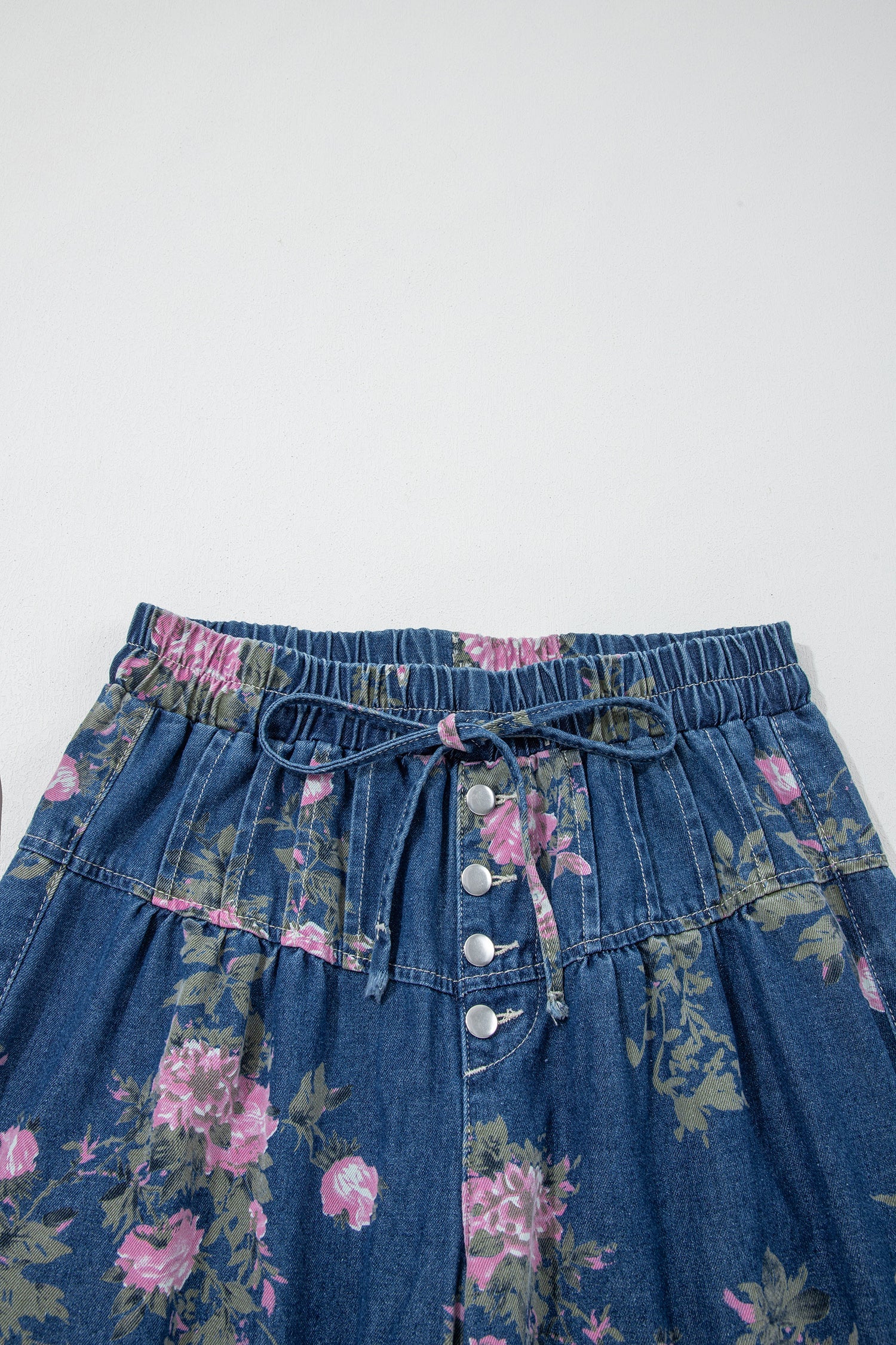 Floral Denim Pleated Tie Waist Wide Leg Jeans