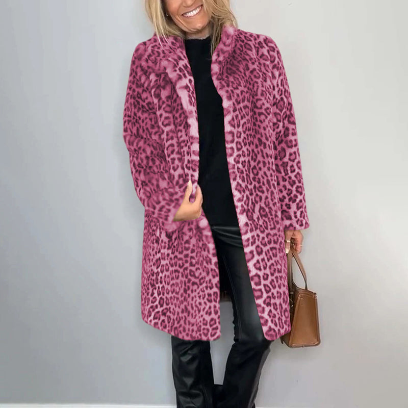 Women's Leopard Print Plush Jacket, Cozy Loose-Fit Warm Coat Elegant Medium-Length Fall Winter Outwear See size chart under “more details”