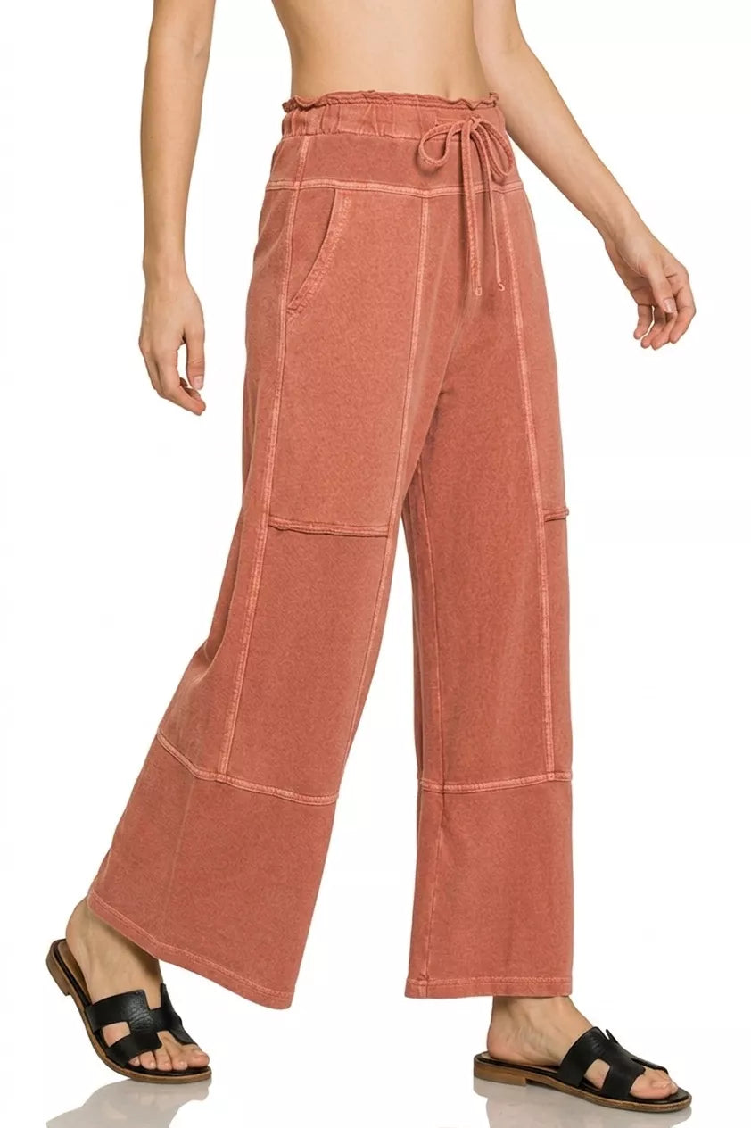 Zenana French Terry Washed Exposed-seam Wide Leg Pants