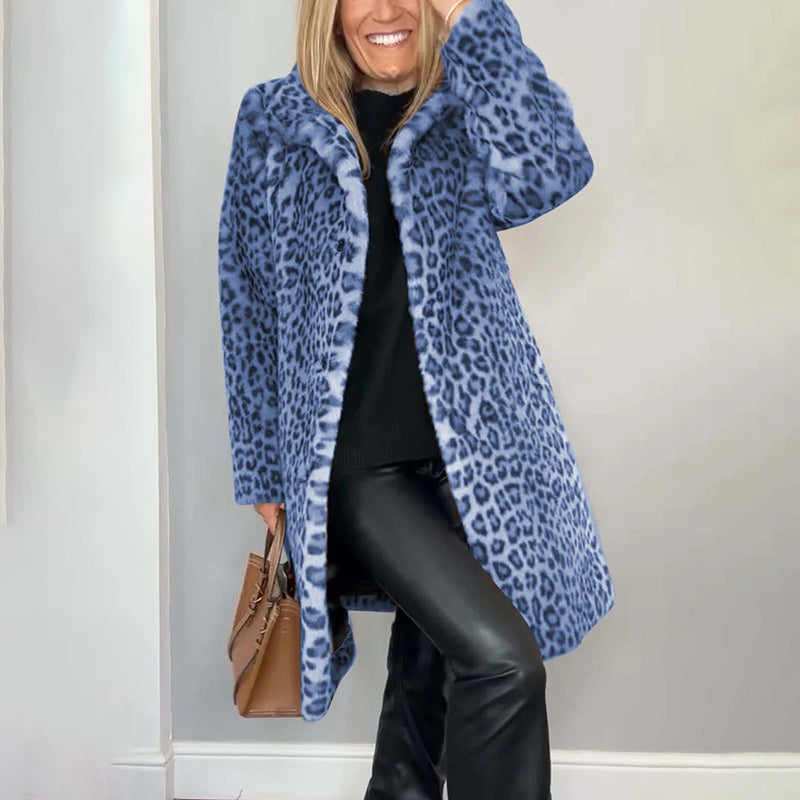 Women's Leopard Print Plush Jacket, Cozy Loose-Fit Warm Coat Elegant Medium-Length Fall Winter Outwear See size chart under “more details”