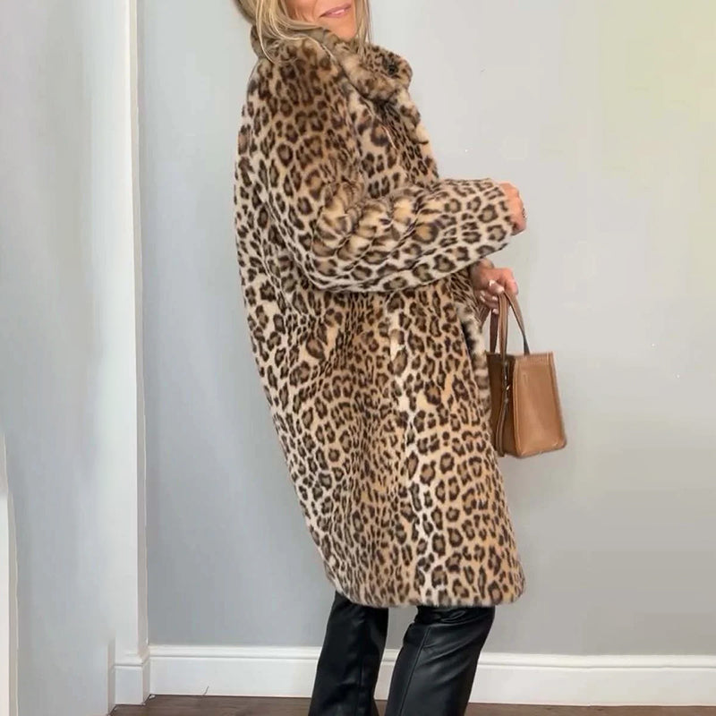 Women's Leopard Print Plush Jacket, Cozy Loose-Fit Warm Coat Elegant Medium-Length Fall Winter Outwear See size chart under “more details”