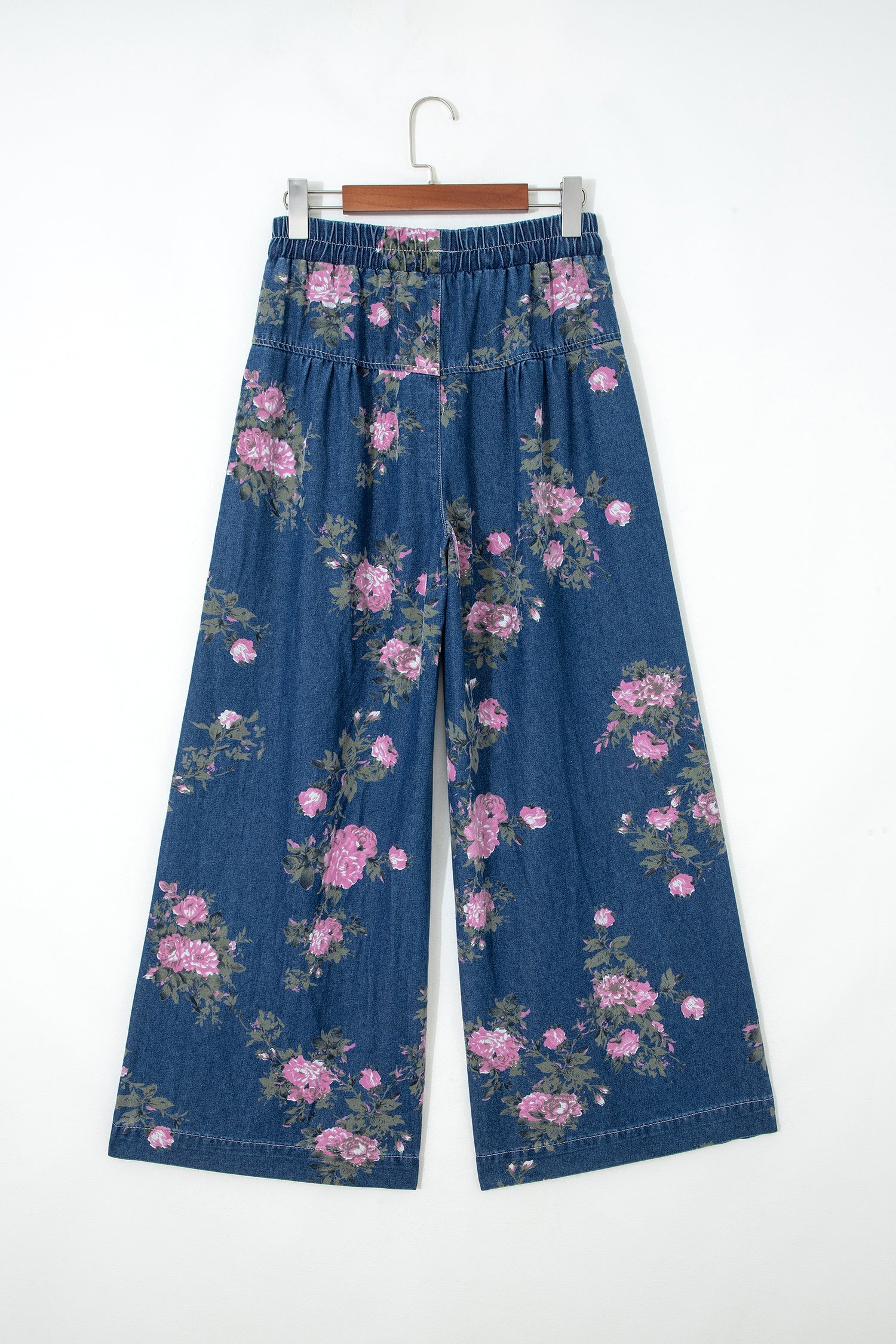 Floral Denim Pleated Tie Waist Wide Leg Jeans