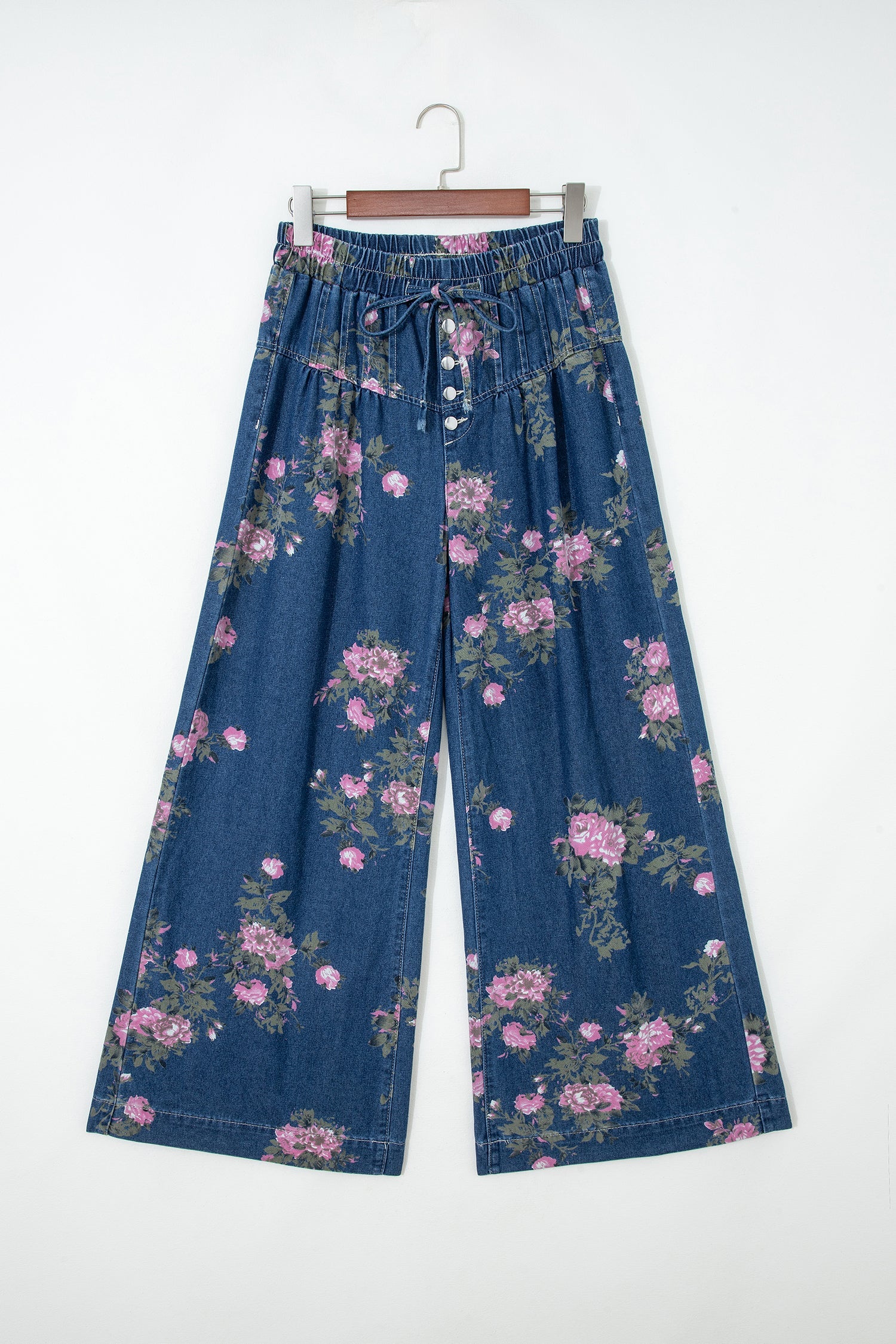 Floral Denim Pleated Tie Waist Wide Leg Jeans