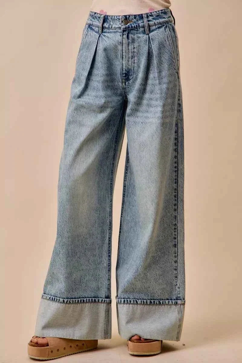 Mid Rise Pleated Wide Leg Denim Jean by So Me