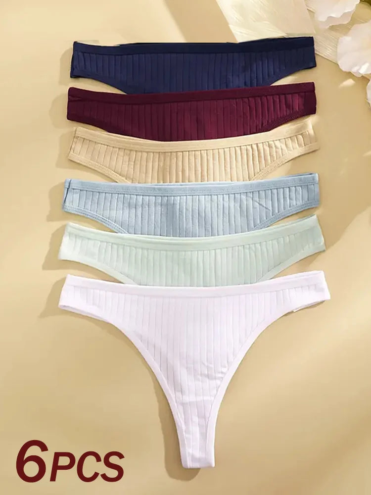 6Pcs/Set Women Cotton G-String Ribbed Panties Female Low Rise Thongs Ladies Sexy Bikini 7 Solid Color Girl Soft S-XL Intimates