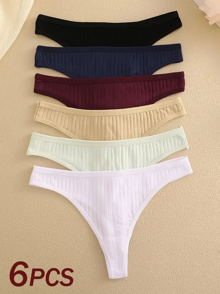 6Pcs/Set Women Cotton G-String Ribbed Panties Female Low Rise Thongs Ladies Sexy Bikini 7 Solid Color Girl Soft S-XL Intimates