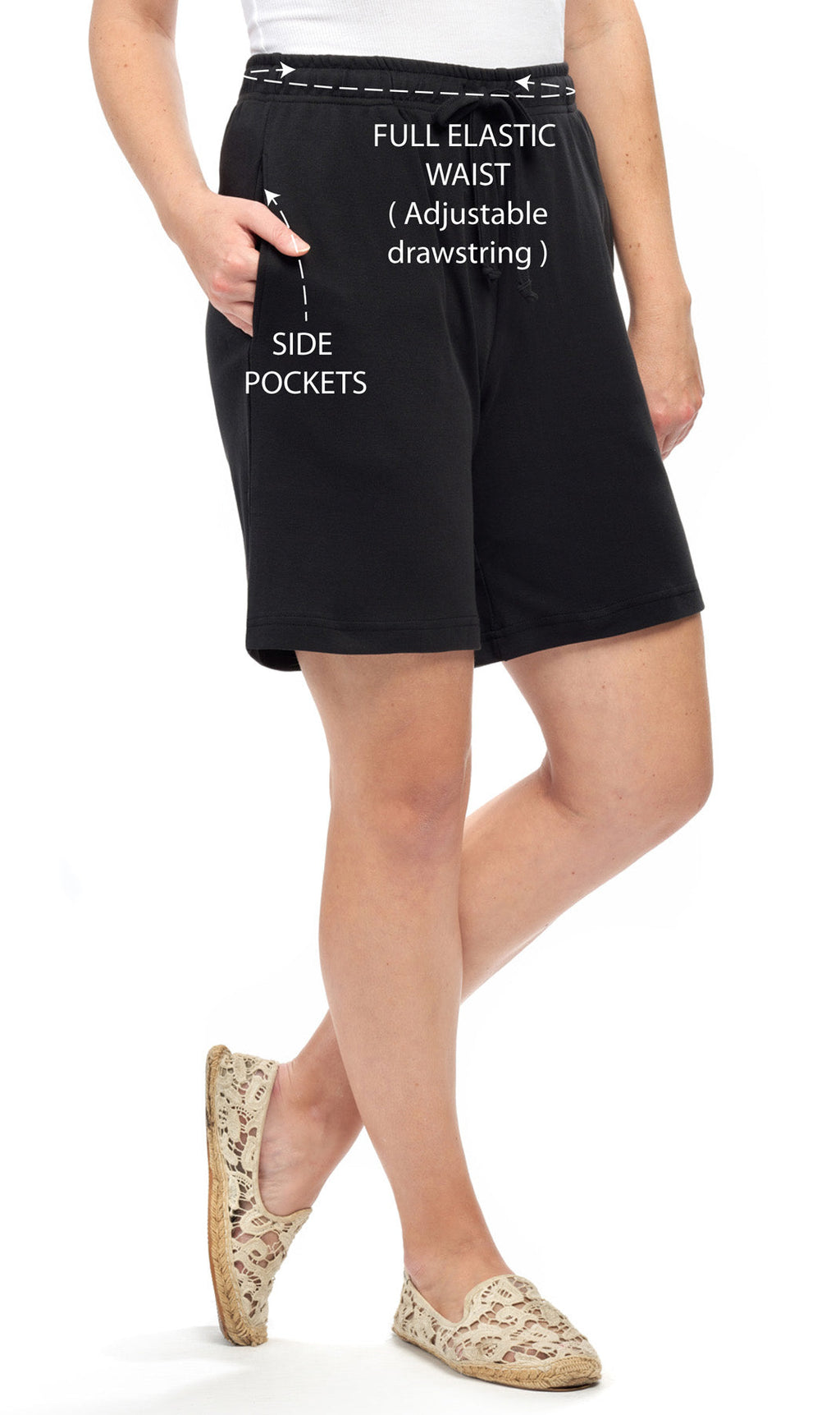 Women's 100% Cotton Interlock Knit Shorts — Elastic Waist with Drawstring