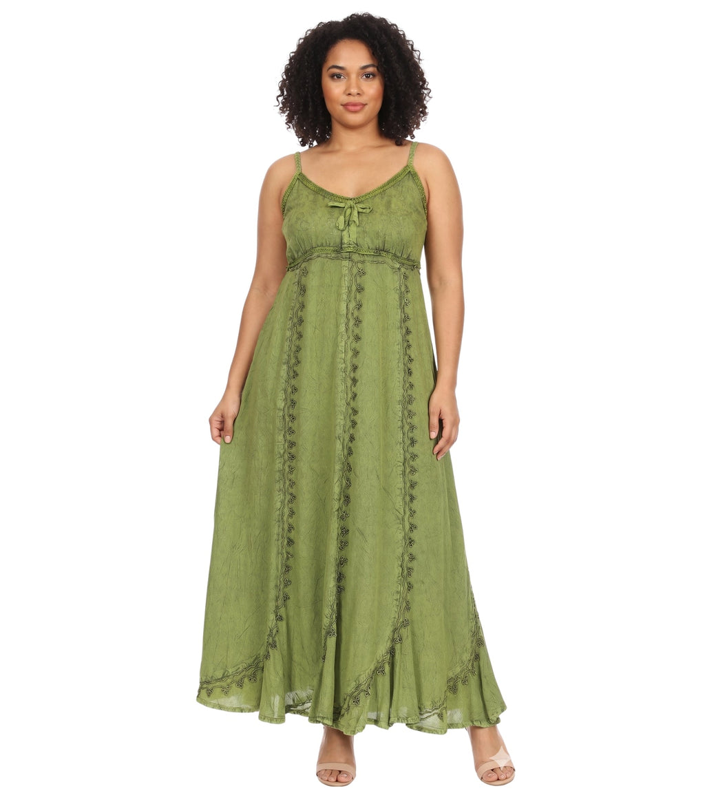 Sakkas Allie Stonewashed Embroidered Adjustable Spaghetti Straps Long Dress