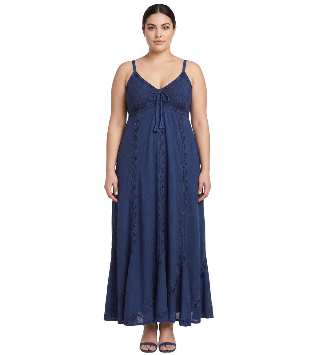 Sakkas Allie Stonewashed Embroidered Adjustable Spaghetti Straps Long Dress