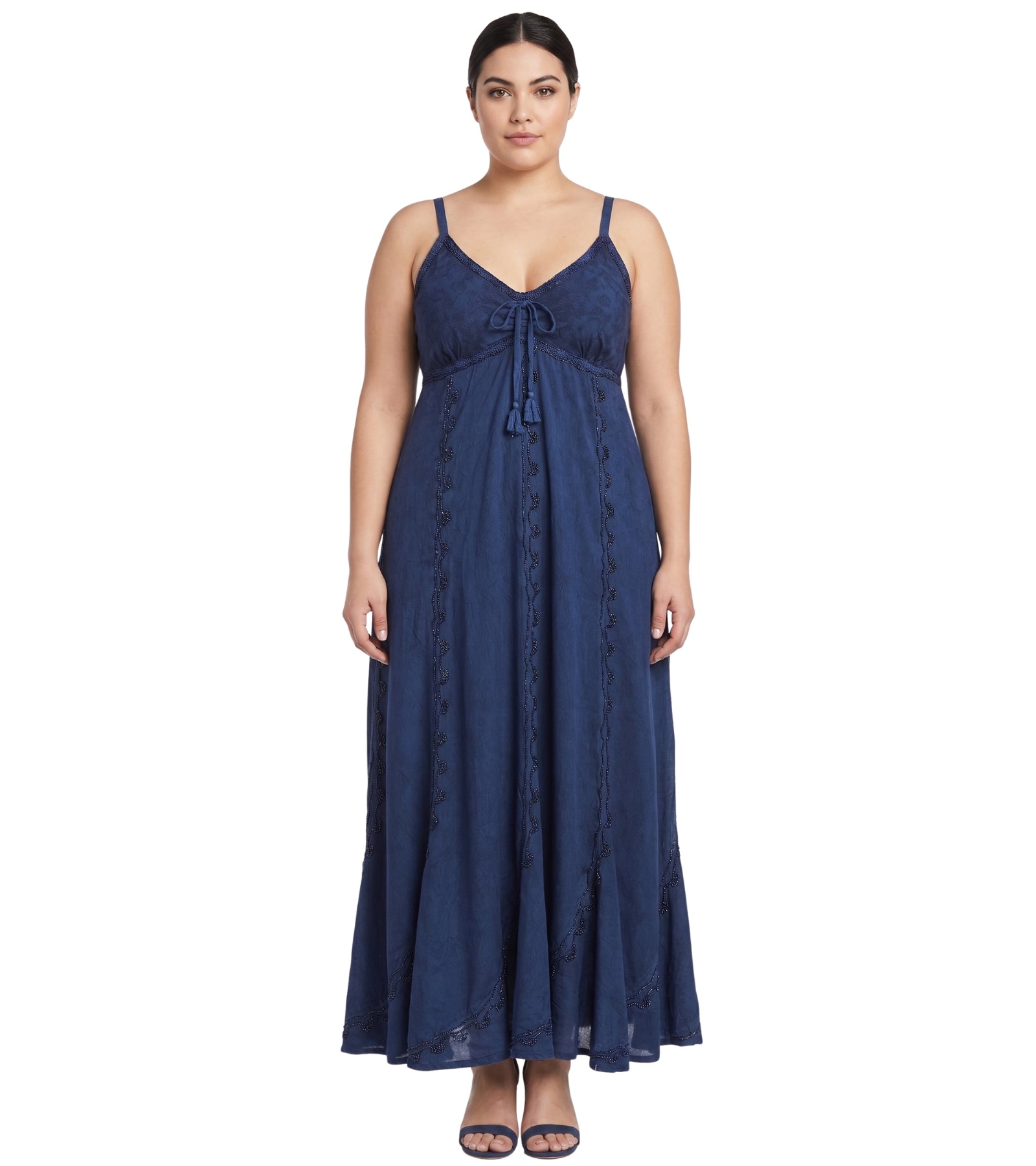 Sakkas Allie Stonewashed Embroidered Adjustable Spaghetti Straps Long Dress