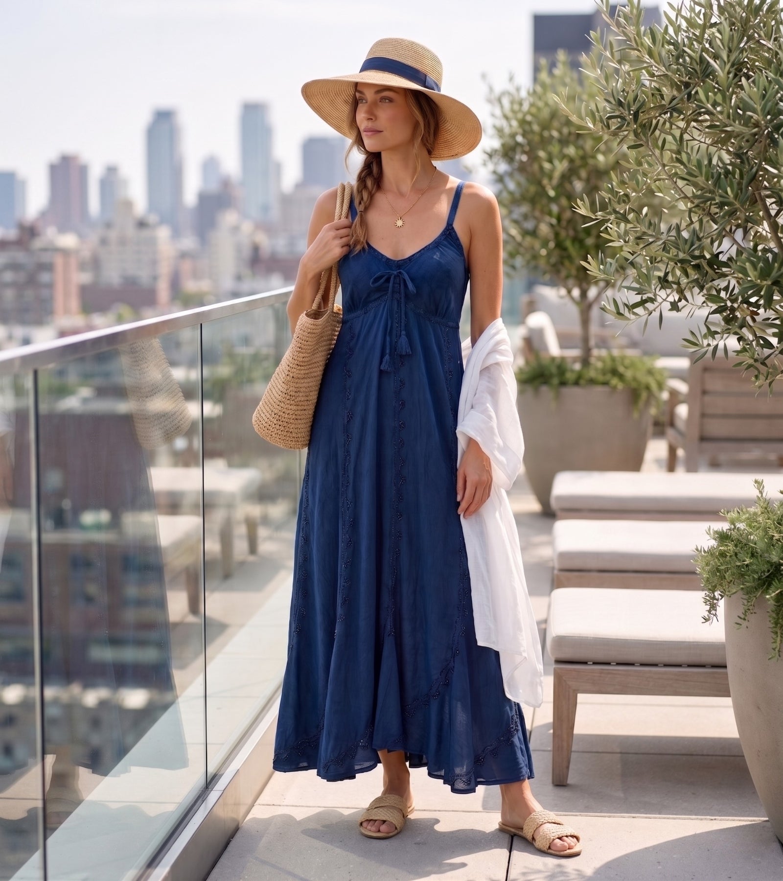Sakkas Allie Stonewashed Embroidered Adjustable Spaghetti Straps Long Dress