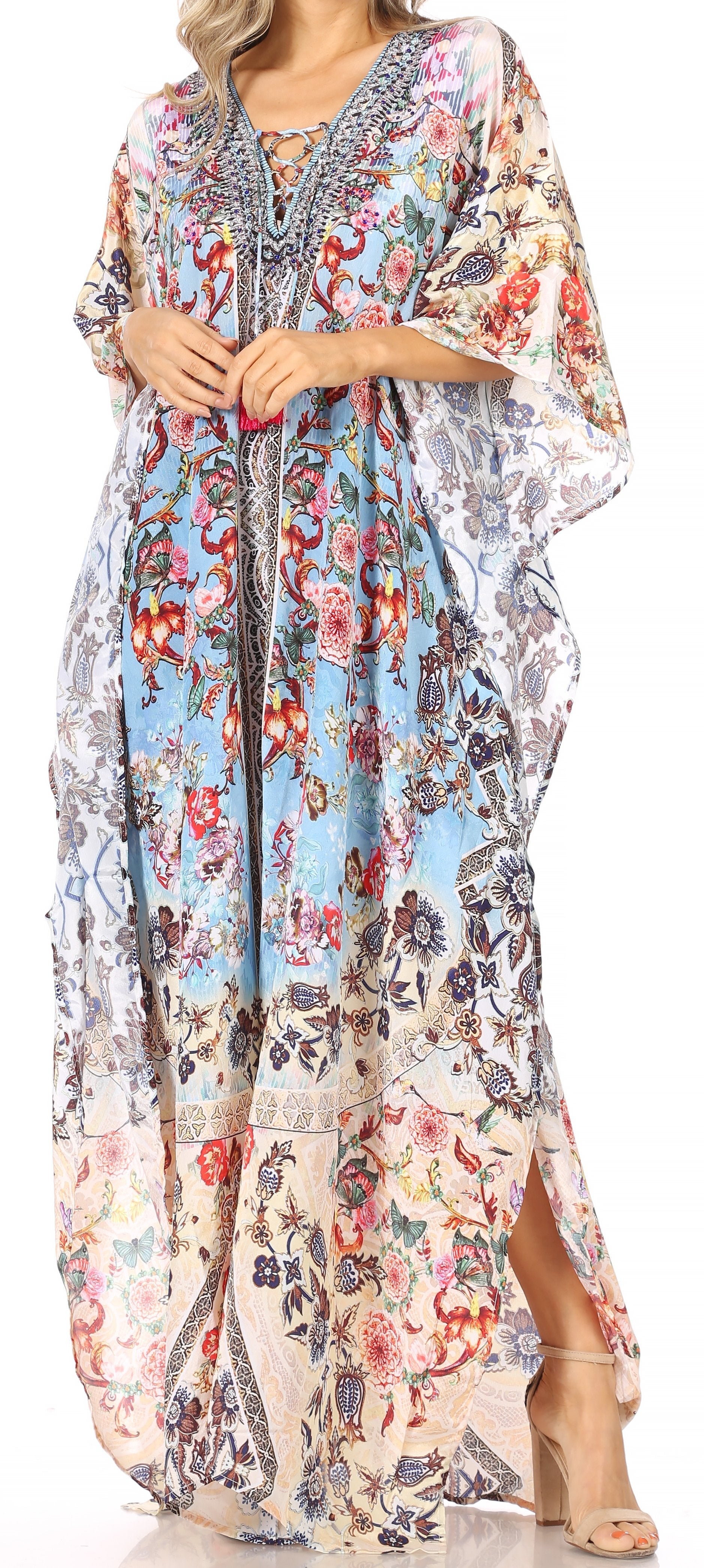 Sakkas Georgettina Flowy Rhinestone V Neck Long Caftan Dress/Cover Up