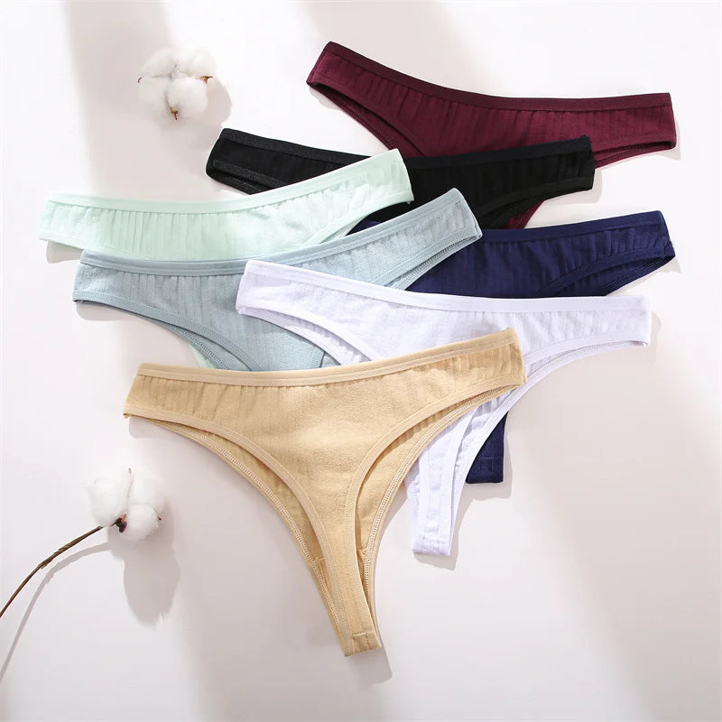 6Pcs/Set Women Cotton G-String Ribbed Panties Female Low Rise Thongs Ladies Sexy Bikini 7 Solid Color Girl Soft S-XL Intimates