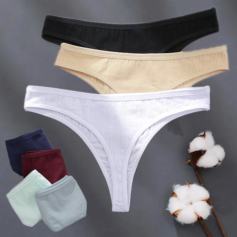 6Pcs/Set Women Cotton G-String Ribbed Panties Female Low Rise Thongs Ladies Sexy Bikini 7 Solid Color Girl Soft S-XL Intimates
