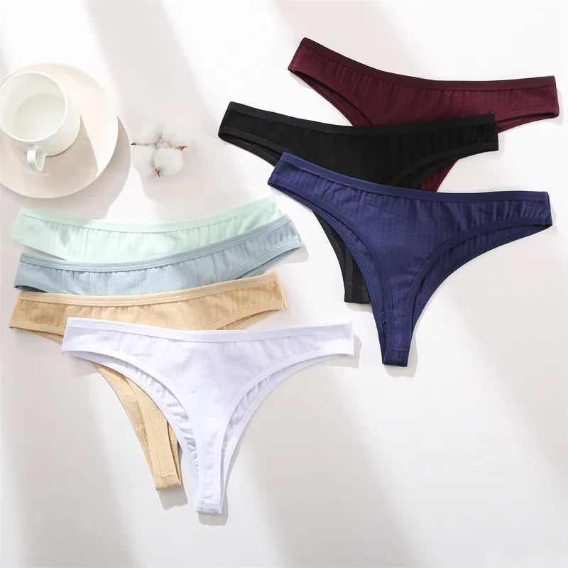 6Pcs/Set Women Cotton G-String Ribbed Panties Female Low Rise Thongs Ladies Sexy Bikini 7 Solid Color Girl Soft S-XL Intimates
