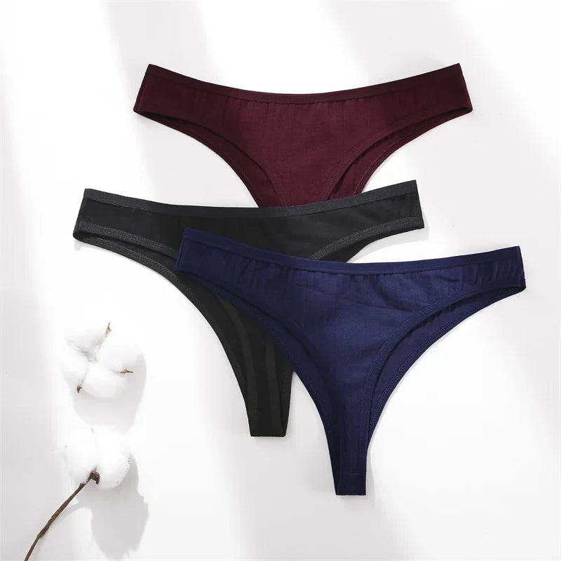 6Pcs/Set Women Cotton G-String Ribbed Panties Female Low Rise Thongs Ladies Sexy Bikini 7 Solid Color Girl Soft S-XL Intimates