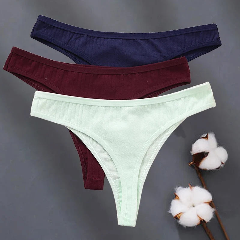 6Pcs/Set Women Cotton G-String Ribbed Panties Female Low Rise Thongs Ladies Sexy Bikini 7 Solid Color Girl Soft S-XL Intimates
