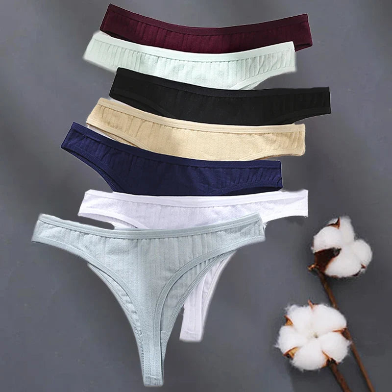 6Pcs/Set Women Cotton G-String Ribbed Panties Female Low Rise Thongs Ladies Sexy Bikini 7 Solid Color Girl Soft S-XL Intimates