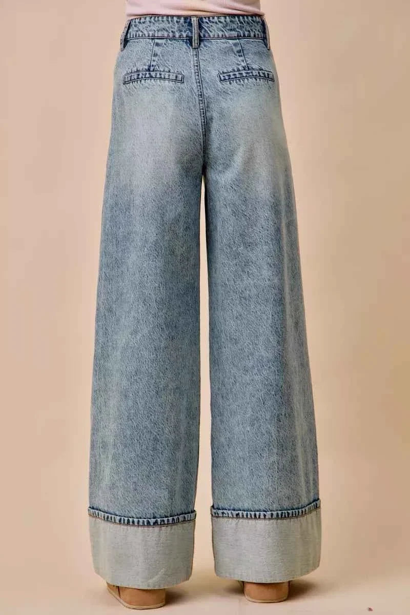 Mid Rise Pleated Wide Leg Denim Jean by So Me