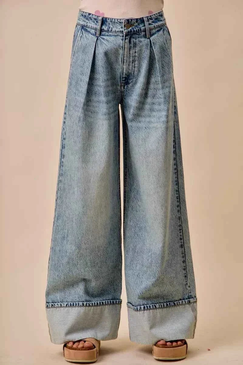 Mid Rise Pleated Wide Leg Denim Jean by So Me