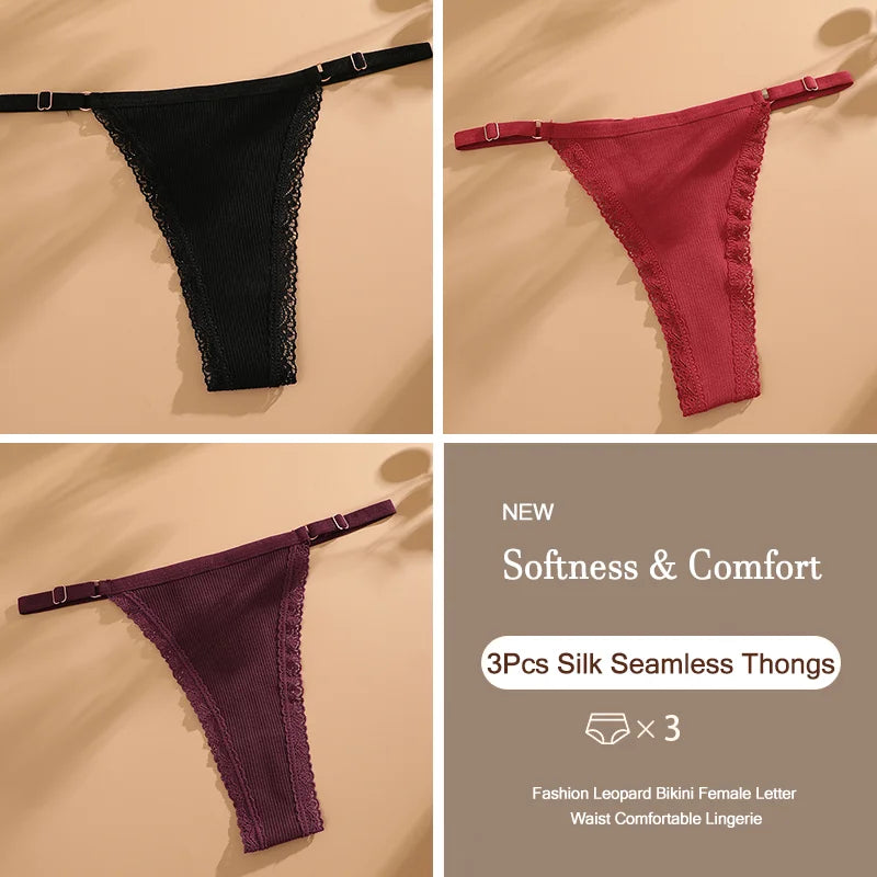 3Pcs/Set Cotton G-String Sexy Women Thong Adjustable Belt Seamless Panties Breathable Low Waist Lingerie Female Soft Solid Color