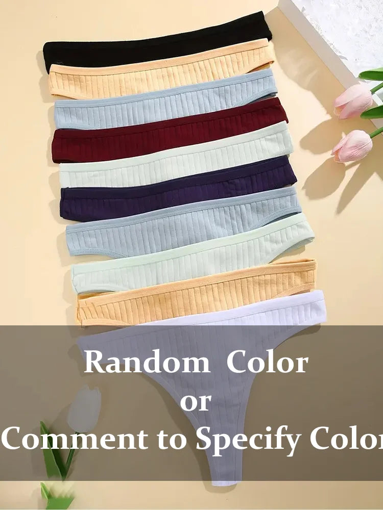 6Pcs/Set Women Cotton G-String Ribbed Panties Female Low Rise Thongs Ladies Sexy Bikini 7 Solid Color Girl Soft S-XL Intimates