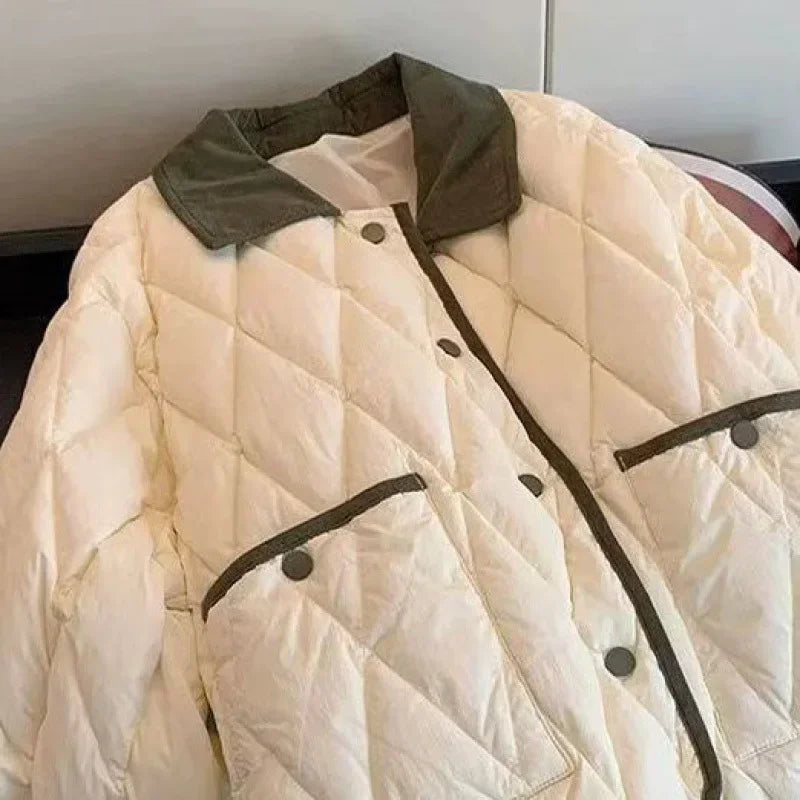 Korean Style Color Blocking Lapel Pattern Cotton-padded Coat Women's Autumn/winter Versatile Petite Cropped Padded Jacket