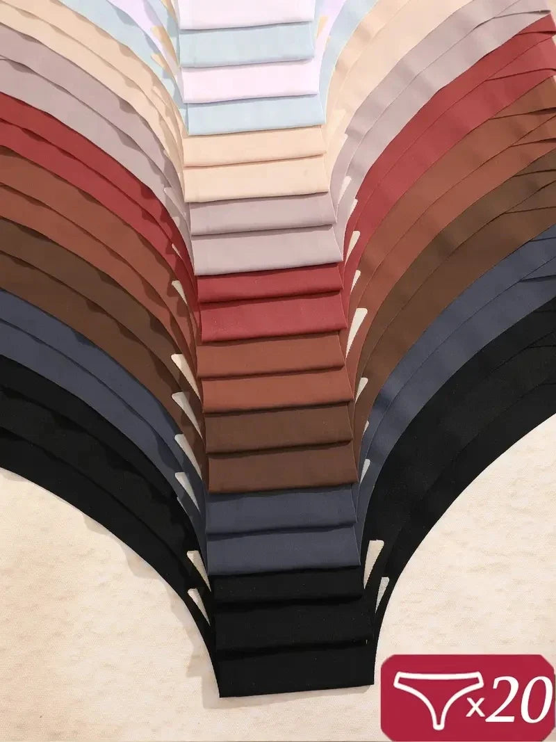 20PCS Women's Seamless Maillard Underwear Sexy V-Shaped Mid Waist Ice Silk Brief 10 Soild Color Cozy Stretch Sexy Underpant S-XL