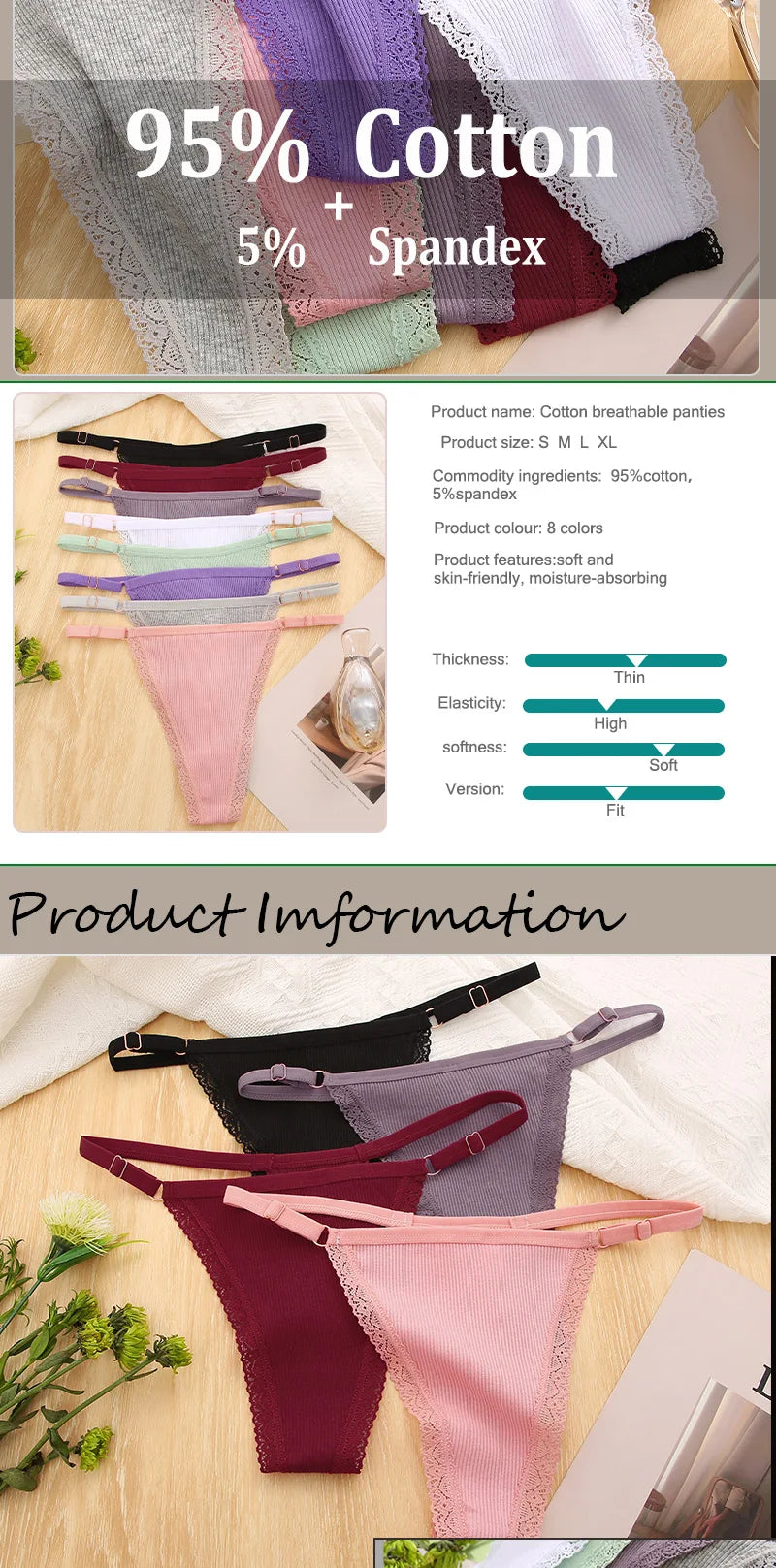 3Pcs/Set Cotton G-String Sexy Women Thong Adjustable Belt Seamless Panties Breathable Low Waist Lingerie Female Soft Solid Color