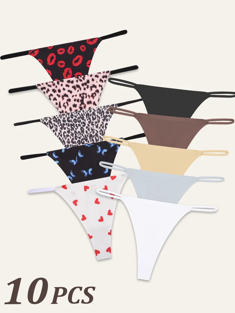 10Pcs Seamless Thong Women Thin Strap Low Waist High Flexibility Panties Sexy Underwear Ladies Briefs T-back Comfortable Women