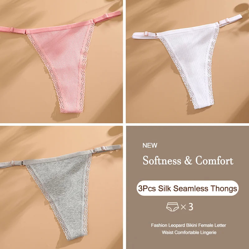 3Pcs/Set Cotton G-String Sexy Women Thong Adjustable Belt Seamless Panties Breathable Low Waist Lingerie Female Soft Solid Color