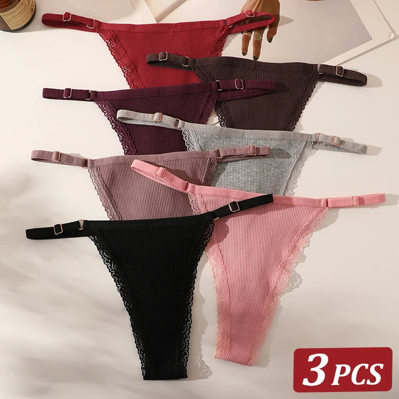 3Pcs/Set Cotton G-String Sexy Women Thong Adjustable Belt Seamless Panties Breathable Low Waist Lingerie Female Soft Solid Color