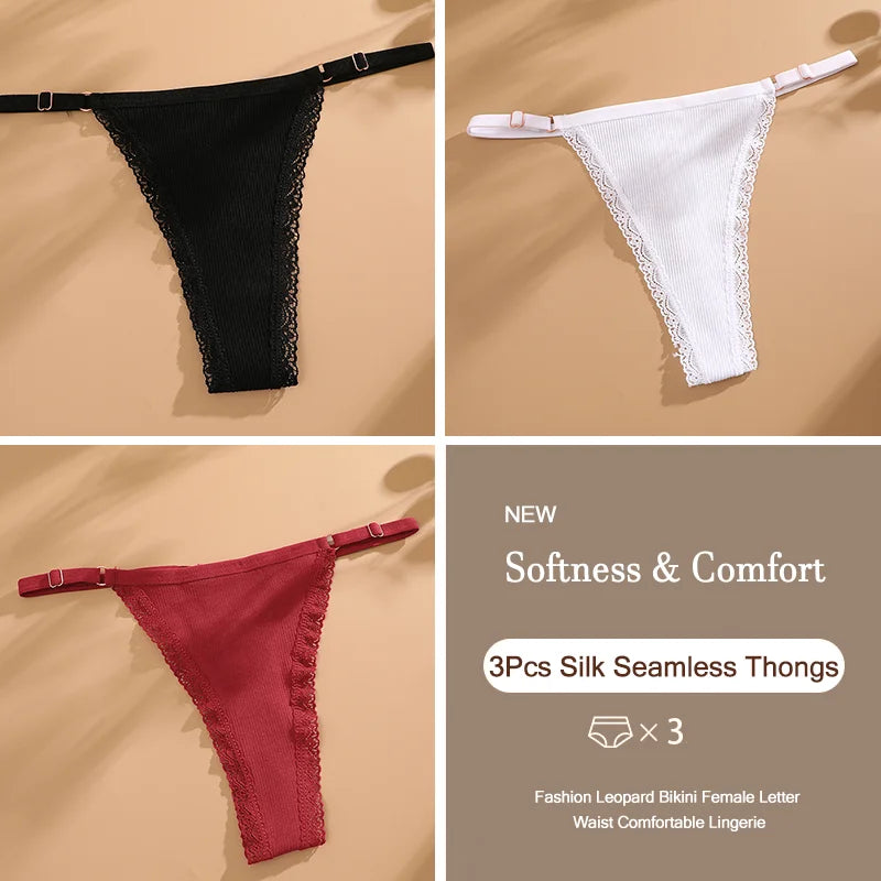 3Pcs/Set Cotton G-String Sexy Women Thong Adjustable Belt Seamless Panties Breathable Low Waist Lingerie Female Soft Solid Color