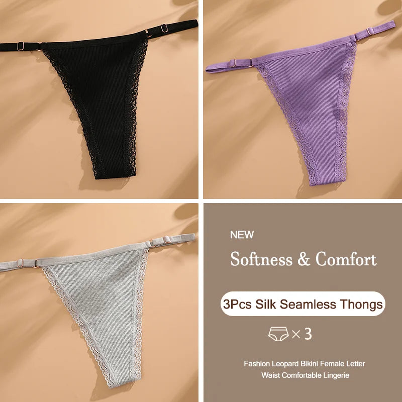 3Pcs/Set Cotton G-String Sexy Women Thong Adjustable Belt Seamless Panties Breathable Low Waist Lingerie Female Soft Solid Color