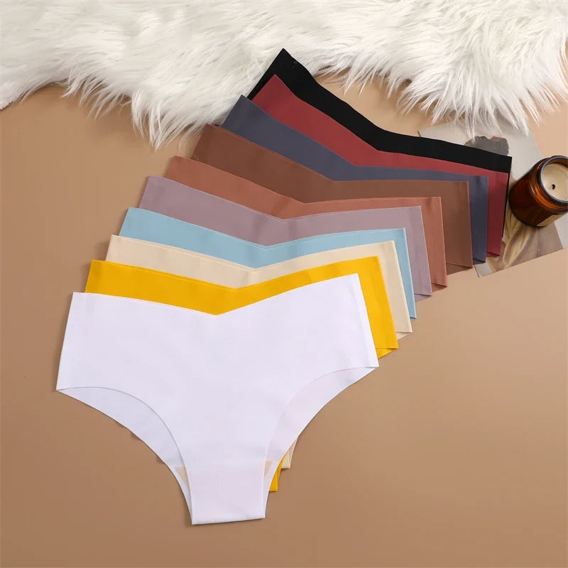 20PCS Women's Seamless Maillard Underwear Sexy V-Shaped Mid Waist Ice Silk Brief 10 Soild Color Cozy Stretch Sexy Underpant S-XL