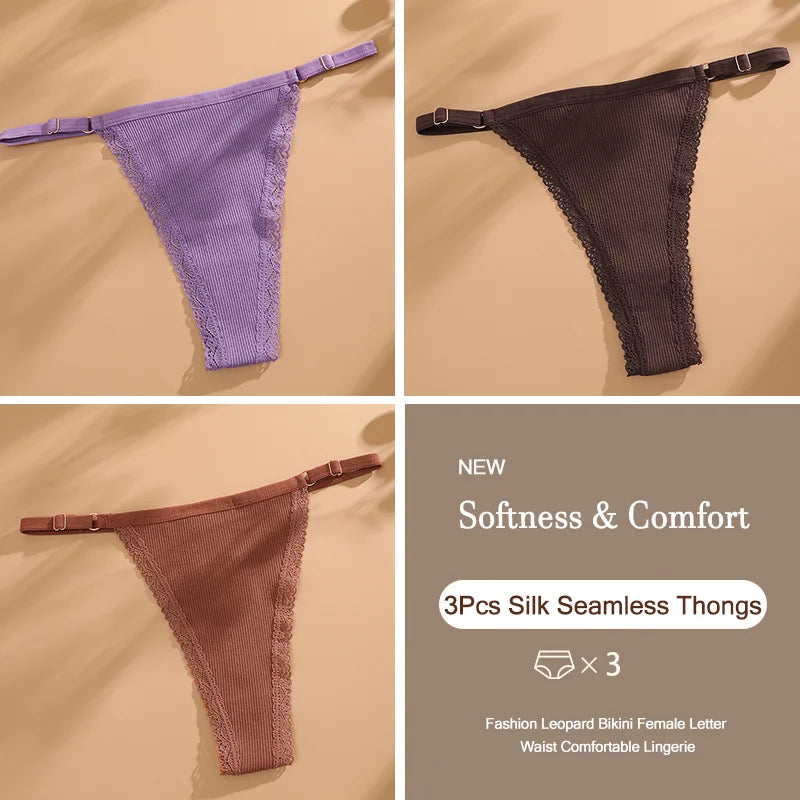 3Pcs/Set Cotton G-String Sexy Women Thong Adjustable Belt Seamless Panties Breathable Low Waist Lingerie Female Soft Solid Color