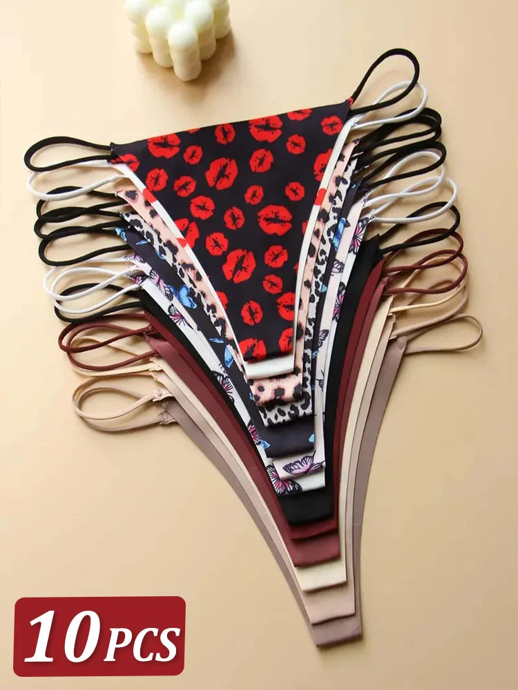 10Pcs Seamless Thong Women Thin Strap Low Waist High Flexibility Panties Sexy Underwear Ladies Briefs T-back Comfortable Women