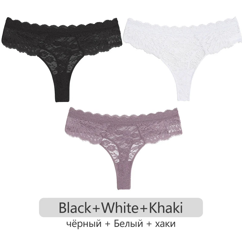 Full Lace Thongs Women 3Pcs/set Sexy G-string Underpants S-XL Ladies Floral T-Back Underwear Female Bikini Panties Girl Lingerie