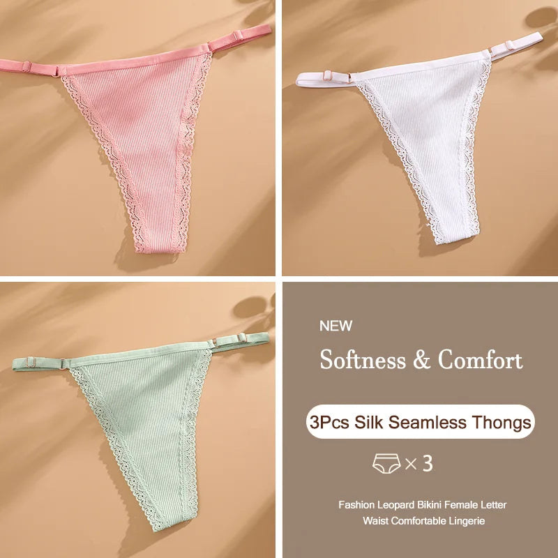 3Pcs/Set Cotton G-String Sexy Women Thong Adjustable Belt Seamless Panties Breathable Low Waist Lingerie Female Soft Solid Color