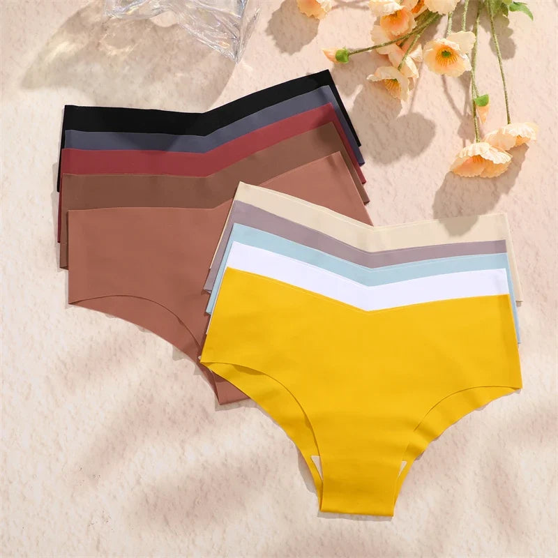 20PCS Women's Seamless Maillard Underwear Sexy V-Shaped Mid Waist Ice Silk Brief 10 Soild Color Cozy Stretch Sexy Underpant S-XL