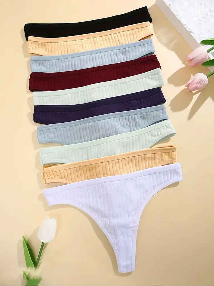 6Pcs/Set Women Cotton G-String Ribbed Panties Female Low Rise Thongs Ladies Sexy Bikini 7 Solid Color Girl Soft S-XL Intimates