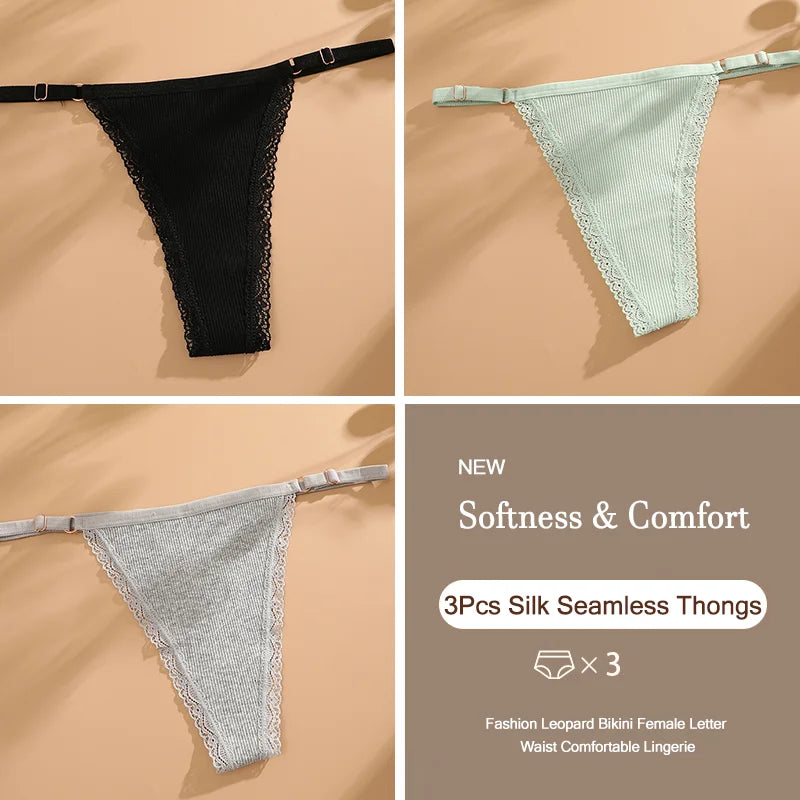 3Pcs/Set Cotton G-String Sexy Women Thong Adjustable Belt Seamless Panties Breathable Low Waist Lingerie Female Soft Solid Color