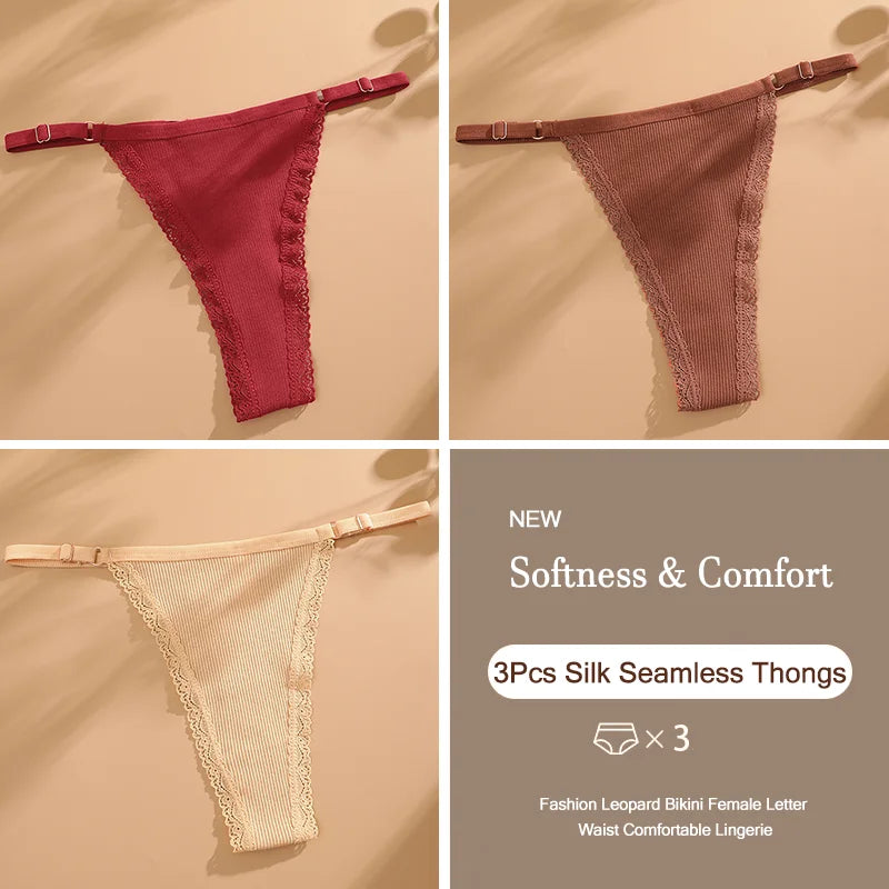 3Pcs/Set Cotton G-String Sexy Women Thong Adjustable Belt Seamless Panties Breathable Low Waist Lingerie Female Soft Solid Color