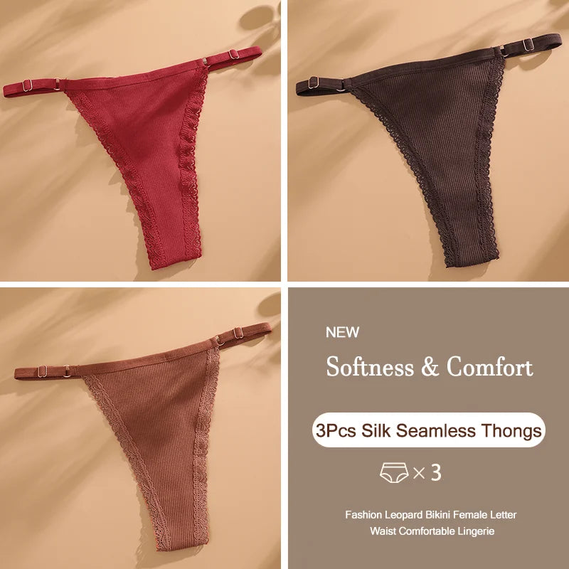 3Pcs/Set Cotton G-String Sexy Women Thong Adjustable Belt Seamless Panties Breathable Low Waist Lingerie Female Soft Solid Color