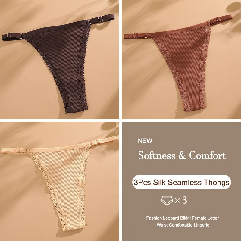 3Pcs/Set Cotton G-String Sexy Women Thong Adjustable Belt Seamless Panties Breathable Low Waist Lingerie Female Soft Solid Color