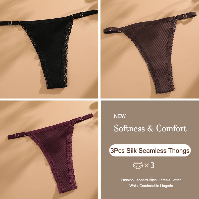 3Pcs/Set Cotton G-String Sexy Women Thong Adjustable Belt Seamless Panties Breathable Low Waist Lingerie Female Soft Solid Color
