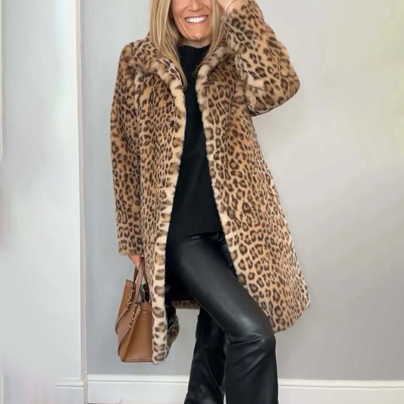 Women's Leopard Print Plush Jacket, Cozy Loose-Fit Warm Coat Elegant Medium-Length Fall Winter Outwear See size chart under “more details”